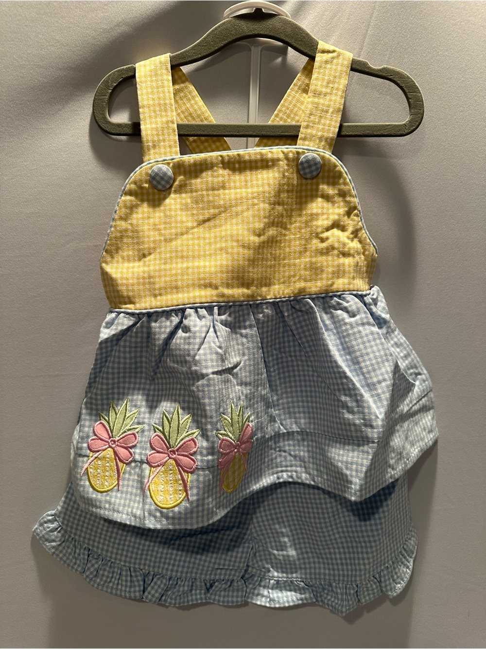 Yellow & Light Blue Gingham Pineapple Pinafore Matching Set with Matching Bow